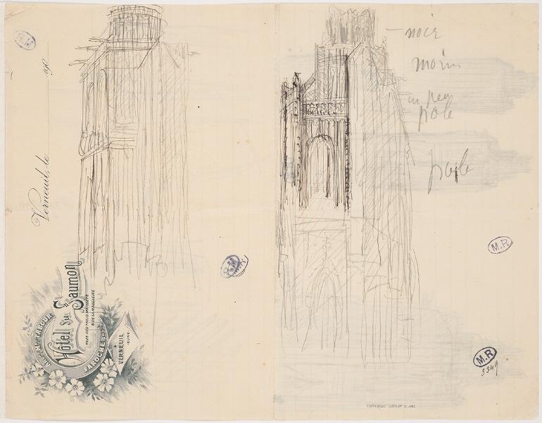 Deux études de la tour de la Madeleine à Verneuil (Eure) (recto) ; Six études de la tour à Verneuil (verso)_0