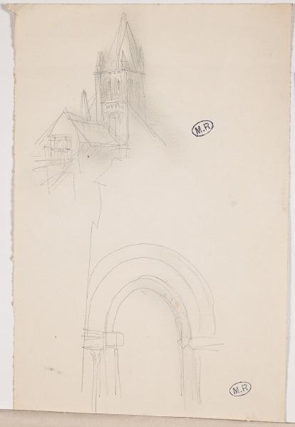 Clocher et cellier de l'ancienne abbaye de Cormery (Indre-et-Loire) (recto) ; Clocher et portail (verso)_1