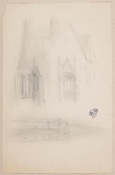 Eglise de Veretz et clocher de l'abbaye de Bois-Aubry (Indre-et-Loire) (recto) ; Clocher et toit d'église (verso)_0