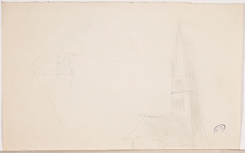 Eglise de Veretz et clocher de l'abbaye de Bois-Aubry (Indre-et-Loire) (recto) ; Clocher et toit d'église (verso)_1