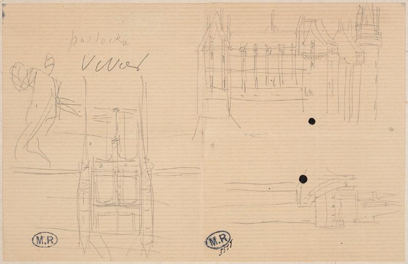 Danseuse et façade de château (recto) ; Deux façades de château à gauche, Chaumont-sur-Loire ? à droite, Valençay, en bas, projet de mise en place de la Porte de l'Enfer (verso)_0