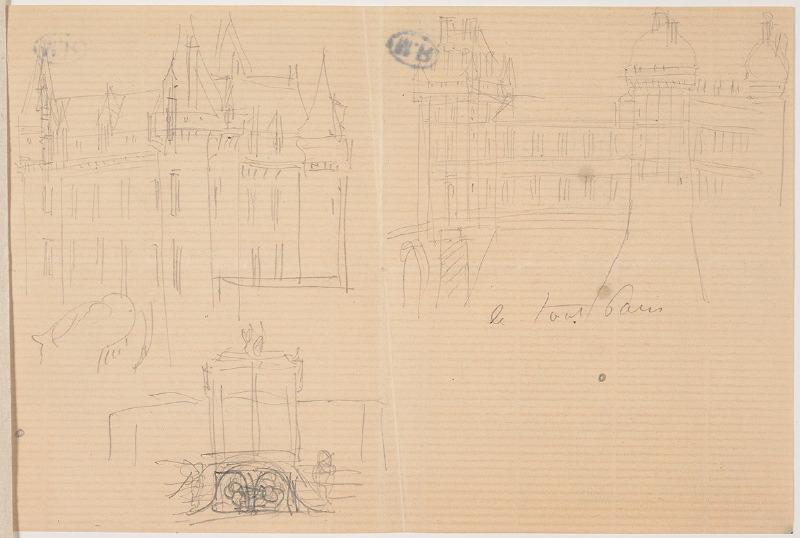 Danseuse et façade de château (recto) ; Deux façades de château à gauche, Chaumont-sur-Loire ? à droite, Valençay, en bas, projet de mise en place de la Porte de l'Enfer (verso)_1