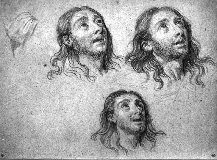 Feuille de 3 études de la tête du Christ, Philippe de Champaigne, 17e siècle