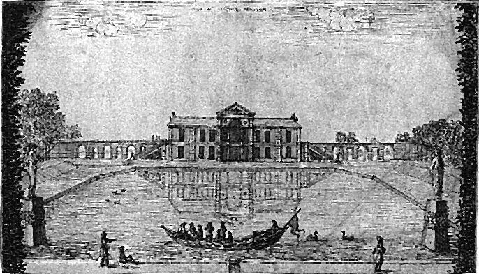 Château avec une barque sur un plan d'eau au premier plan_0