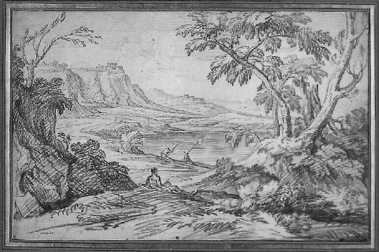 Paysage montagneux avec des pêcheurs au bord d'un lac_0