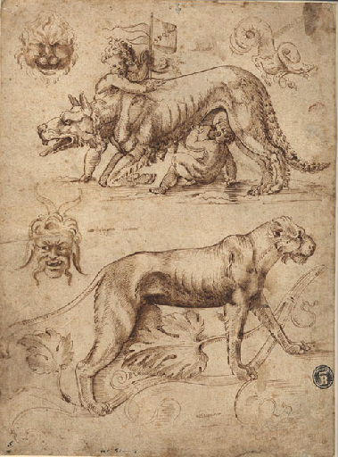 Etudes d'après les arabesques antiques : la louve allaitant Romulus et Rémus Nella valle ; Fregapani in Roma ; Alcianpolino in Roma ; sono designate inp... chome vedi da qui parte ; grotte, no sono insieme, Giovanni Da Udine, 16e siècle