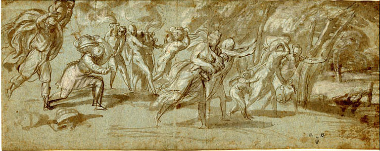 Hommes et femmes fuyant et se réfugiant dans une forêt à droite (recto) ; Etudes, dont une sainte Famille (verso), Polidoro Caldara, 1ère moitié 16e siècle