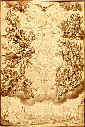Composition mystique, avec une Gloire au centre, le Saint-Esprit au-dessus, alentour des grappes de chérubins soutenus par des attributs religieux et une ville en bas_0