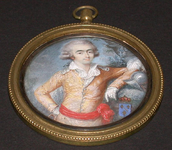 Louis-Joseph de Bourbon, prince de Condé (1736-1818), appuyé sur un rocher, sur lequel est un casque à panache bleu et l'écusson de Bourbon-Condé_0