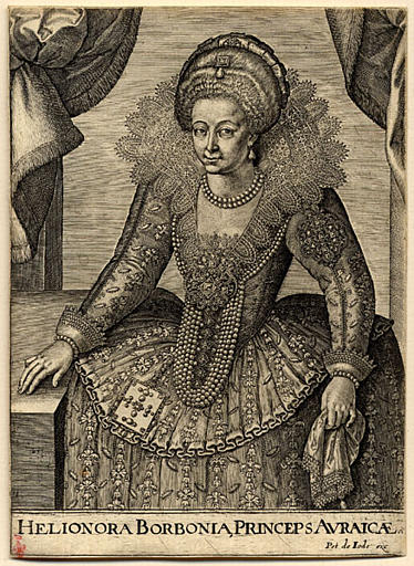 Portrait d'Eléonore de Bourbon princesse d'Orange, en pied, à mi-corps, appuyée à une table_0