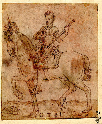 Henri III à cheval se dirigeant à droite, lauré, en armure, le bâton de commandement à la main_0