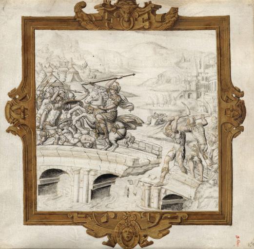 SUJET DE L'HISTOIRE ROMAINE : HORATIUS COCLES SUR LE PONT DU TIBRE, DANS UN CARTOUCHE RENAISSANCE REHAUSSE D'OR, ACCOMPAGNE D'UNE LEGENDE SUR UN FEUILLET DE VELIN SEPARE 366 11_0