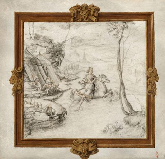 SUJET DE L'HISTOIRE ROMAINE : CLELIE S'ECHAPPE DU CAMP DE PORSENNA, DANS UN CARTOUCHE RENAISSANCE REHAUSSE D'OR, ACCOMPAGNE D'UNE LEGENDE SUR UN FEUILLET DE VELIN SEPARE 366 13_0