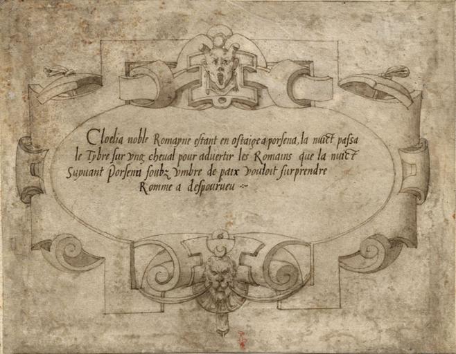 INSCRIPTION POUR CLELIE S'ECHAPPANT DU CAMP DE PORSENNA, DANS UN CARTOUCHE RENAISSANCE REHAUSSE D'OR_0