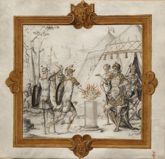 SUJET DE L'HISTOIRE ROMAINE : MUCIUS SCEVOLA SE BRULE LA MAIN, DANS UN CARTOUCHE RENAISSANCE REHAUSSE D'OR, ACCOMPAGNE D'UNE LEGENDE SUR UN FEUILLET DE VELIN SEPARE 366 15_0