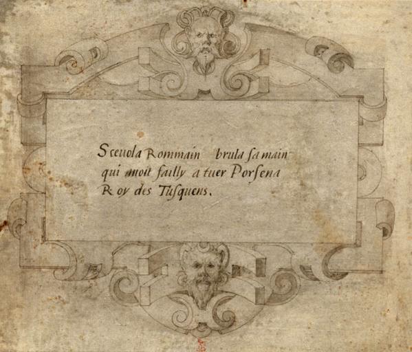 INSCRIPTION POUR MUCIUS SCEVOLA SE BRULANT LA MAIN, DANS UN CARTOUCHE RENAISSANCE REHAUSSE D'OR_0