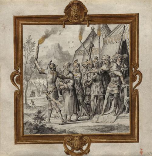 SUJET DE L'HISTOIRE ROMAINE : LE CONSUL FABRITIUS RENVOIE LE MEDECIN DE PYRRHUS, DANS UN CARTOUCHE RENAISSANCE REHAUSSE D'OR, ACCOMPAGNE D'UNE LEGENDE SUR UN FEUILLET DE VELIN SEPARE 366 17_0