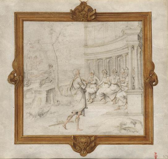 SUJET DE L'HISTOIRE ROMAINE : REGULUS PERSUADE LE SENAT DE LE RENVOYER A CARTHAGE, DANS UN CARTOUCHE RENAISSANCE REHAUSSE D'OR, ACCOMPAGNE D'UNE LEGENDE SUR UN FEUILLET DE VELIN SEPARE 366 19_0