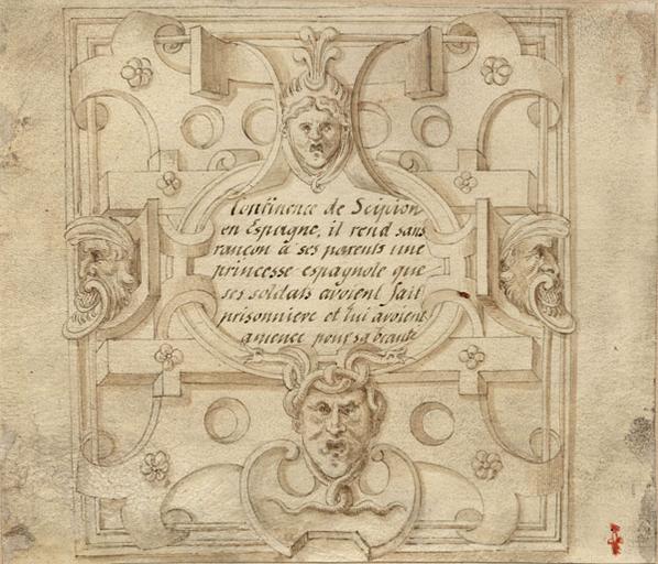 INSCRIPTION POUR LA CONTINENCE DE SCIPION, DANS UN CARTOUCHE RENAISSANCE REHAUSSE D'OR_0