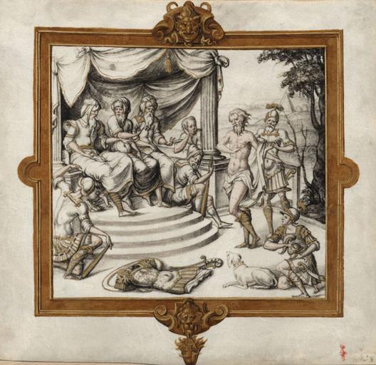 SUJET DE L'HISTOIRE ROMAINE : SCIPION L'AFRICAIN DEVANT LE SENAT, DANS UN CARTOUCHE RENAISSANCE REHAUSSE D'OR, ACCOMPAGNE D'UNE LEGENDE SUR UN FEUILLET DE VELIN SEPARE 366 23_0
