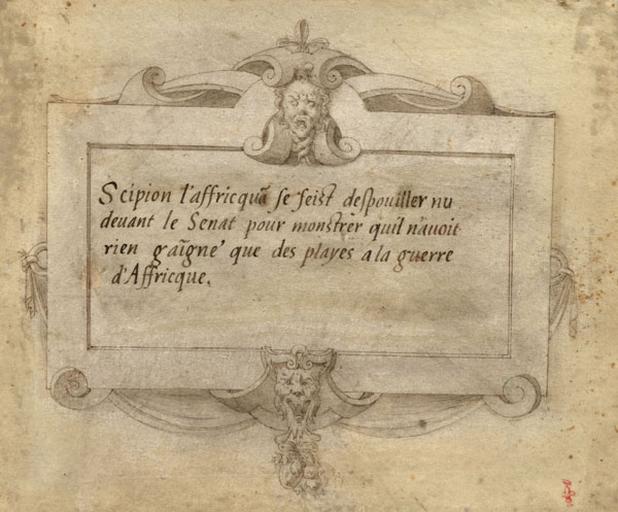 INSCRIPTION POUR SCIPION L'AFRICAIN DEVANT LE SENAT, DANS UN CARTOUCHE RENAISSANCE REHAUSSE D'OR_0