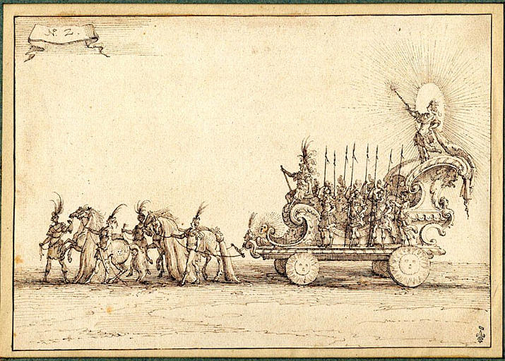 [Entrée de son Altesse [le duc de Lorraine] représentant / le Soleil / en quatre presses, par Jac. Callot, fe[cit] Nancy. N° 2]  (suite de dessins pour la gravure)_0