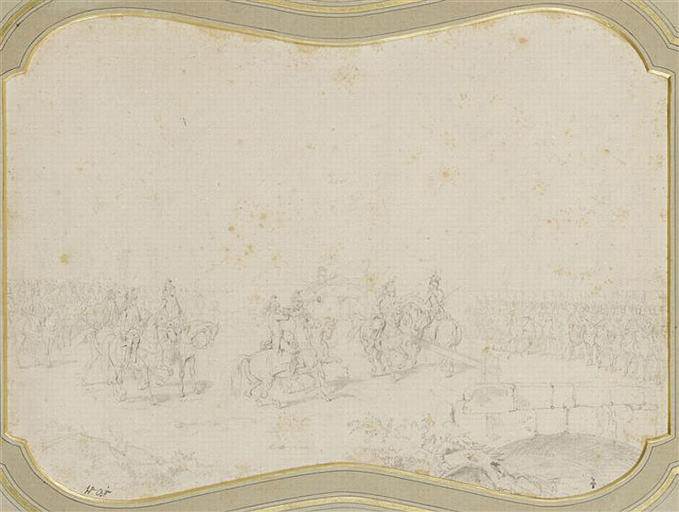 Déclaration de guerre faite au nom du Roi des Français aux rois de Bohême et de Hongrie, échange du cartel à la barrière frontière des Pays-Bas. A droite les Uhlans, à gauche la brigade de dragons, le Colonel brigadier marquis de Dampierre, accompagné du duc de Chartres, colonel du 14e dragons, et du duc de Montpensier, adjudant commandant, 1791_0