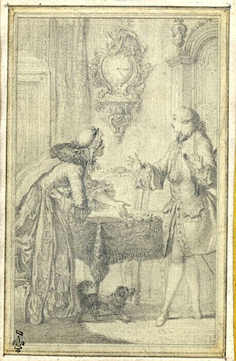 82 dessins montés dans 21 cartons destinés aux Contes de La Fontaine et reproduits dans l'édition dite des Fermiers généraux, publiée sous la date de 1762. Un des dessins, La Courtisane amoureuse, est daté 1763_4