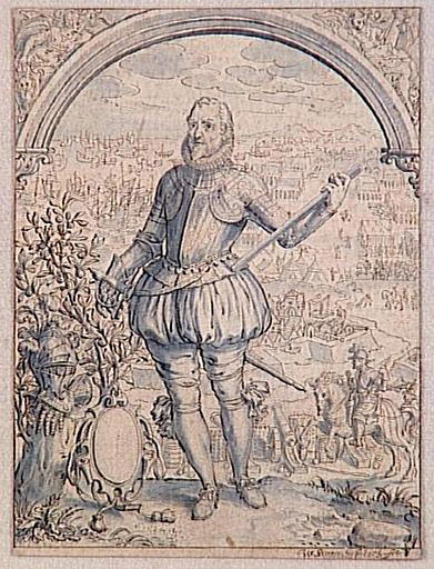 Portrait du stathouder Maurice de Nassau, prince d'Orange (1567-1625) , en pied, avec la bataille de Nieuport (1600) au fond_0