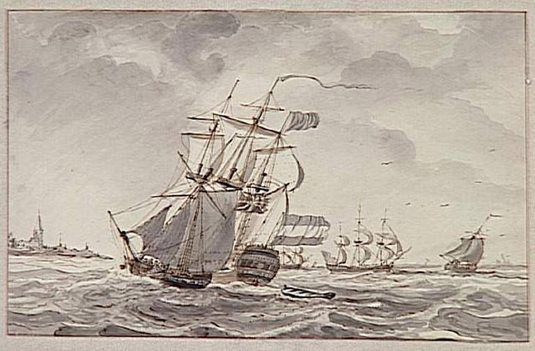Navires au large de la côte (recto) ; vaisseaux sur la mer (verso), Hendrik Kobell, 2e moitié 18e siècle