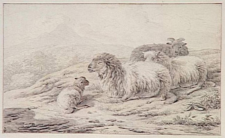 Un bélier, un agneau et deux brebis accroupis, Jan III Van der Meer, 1688