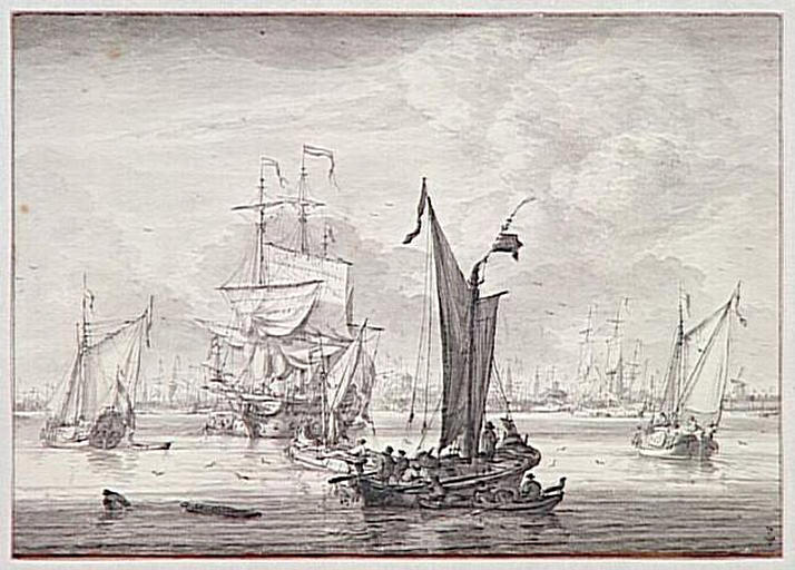 Navires au large d'Amsterdam, Hendrik Rietschoof, 1ère moitié 18e siècle