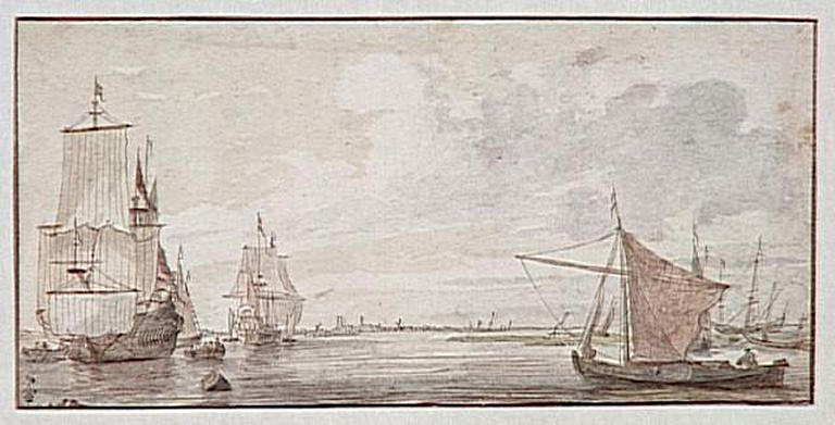 Embouchure de fleuve avec embarcation, Abraham de Verwer, 17e siècle