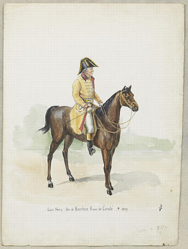 Louis-Henri-Joseph de Bourbon, prince de Condé, à cheval, en costume de chasse de Condé (ventre-de-biche et amarante) , allant à droite_0