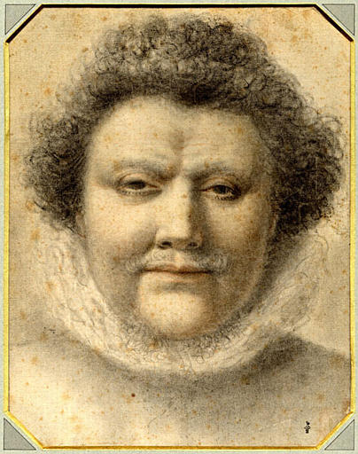 Homme au visage rond et joufflu, cheveux frisés, 17e siècle