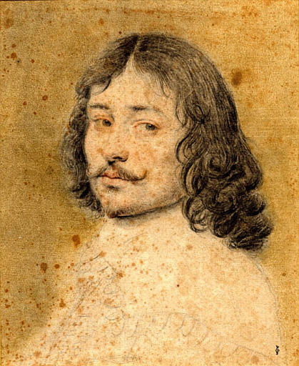 Jeune homme portant les cheveux longs et bouclés et la moustache relevée, 17e siècle