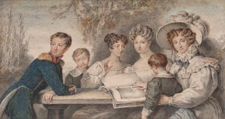 La famille d'Orléans vers 1825 : la duchesse d'Orléans, future reine Marie-Amélie (1782-1866), la princesse Louise (1813-1839) , la princesse Marie (1812-1850) , Ferdinand duc d'Orléans (1810-1842) , le duc de Nemours, le prince de Joinville (1818-1900)_0