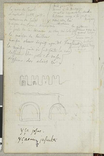 Album de voyage (Espagne, Maroc, Algérie, janvier-juin 1832) : texte commençant par : 'La mère de Jacob. . . ' et croquis de murs crénelés dans lequel s'ouvrent des deux portes cintrées_0