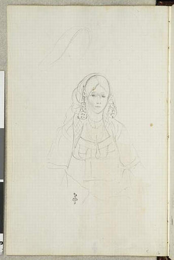 Album de voyage (Espagne, Maroc, Algérie, janvier-juin 1832) : buste d'une jeune juive, de face, la chevelure à demi-couverte d'un voile, avec de grosses boucles d'oreille_0