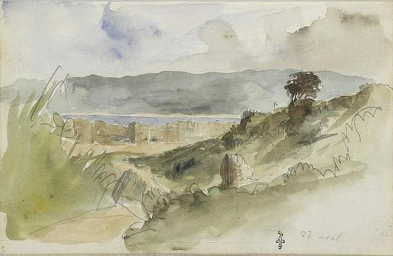 Album de voyage (Espagne, Maroc, Algérie, janvier-juin 1832) : paysage avec au fond les murailles de Tanger se détachant sur la mer_0