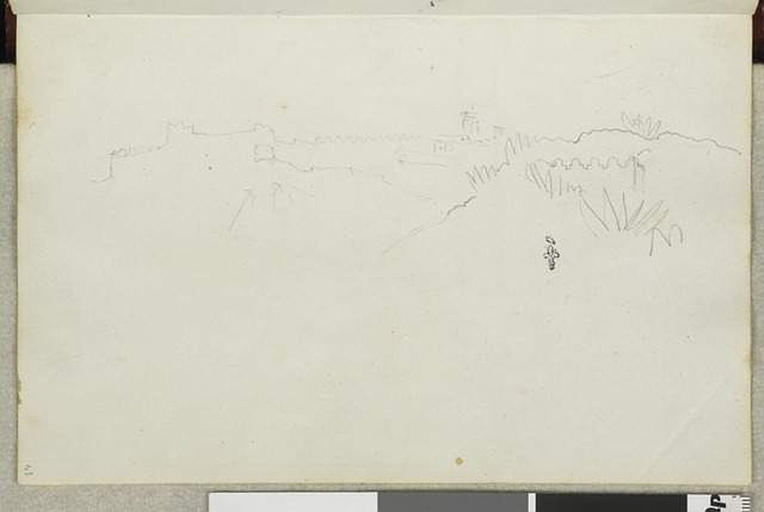 Album de voyage (Espagne, Maroc, Algérie, janvier-juin 1832) : croquis sommaire avec en haut les murailles crénelées de Tanger_0