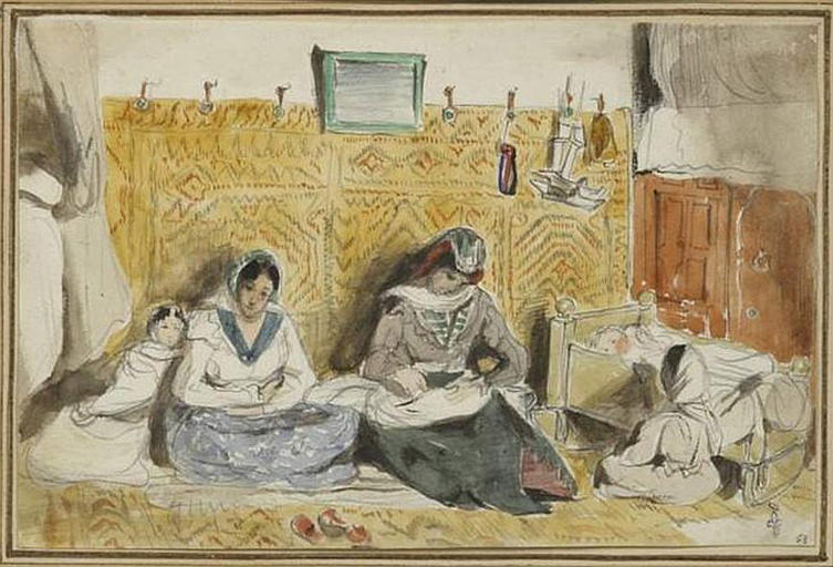 Album de voyage (Espagne, Maroc, Algérie, janvier-juin 1832) : intérieur juif au Maroc, 2 femmes assises à terre en tailleur sur des nattes avec des enfants, dont l'un à droite dans son berceau, nattes, miroirs et objets au mur_0