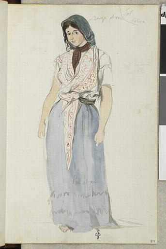 Album de voyage (Espagne, Maroc, Algérie, janvier-juin 1832) : jeune femme (espagnole ? ) debout, de profil, la chevelure à demi-couverte d'un voile quadrillé rouge et vert, avec un châle blanc à motifs roses_0