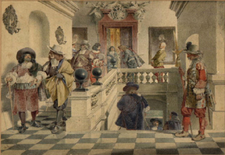Personnages en costume Louis XIII dans un escalier, Aloïs Greil, 1878