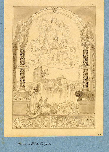 Allégorie de la musique assise devant un château-fort médiéval surplombant un lac avec un choeur d'anges à la partie supérieure, encadré de colonnes gothiques et portant en bas les armes d'Orléans_0