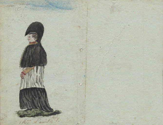 Portrait d'un prêtre de profil, en robe noire avec chasuble blanche_0