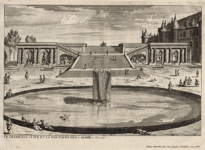 Le grand escalier et la fontaine de la gerbe à Chantilli, Adam Perelle, 2e moitié 17e siècle