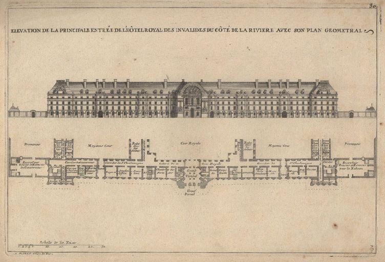Elévation de la principale entrée des Invalides du côté de la rivière avec son plan géométral_0