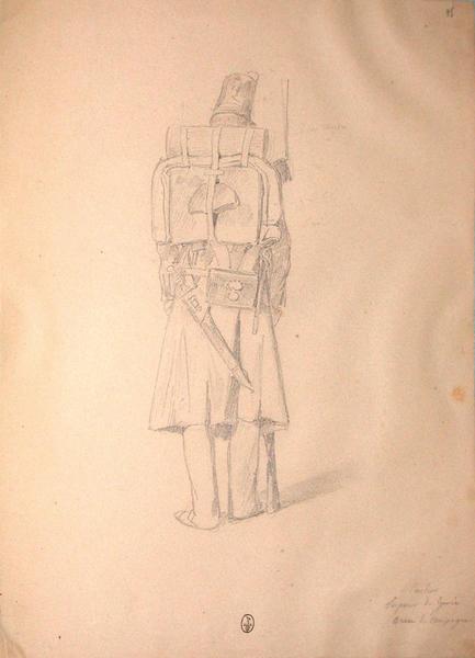 Carlier, sapeur du génie en tenue de campagne (de dos) ; Siège de Rome de 1849 (en 3 tomes), Denis-Auguste-Marie Raffet, 1849