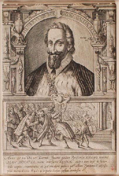 HENRICUS. IIII. BOR D. G. NA. GALLIAE. REX. Henri IV roi de France à l'âge de 42 ans et tentative d'assassinat par Chastel en bas_0